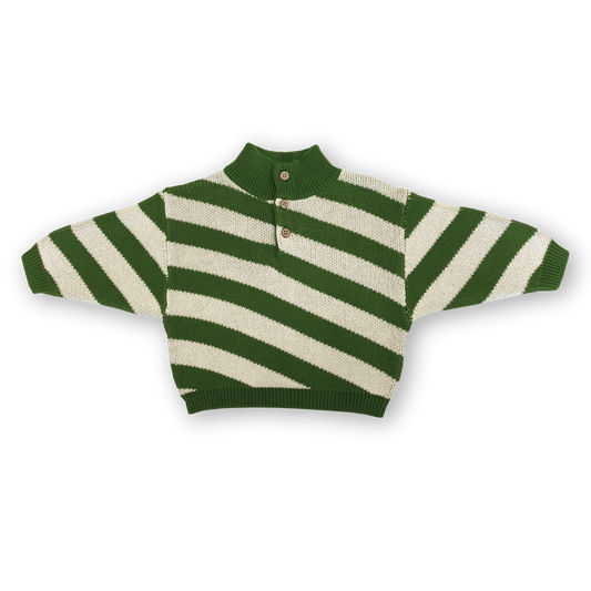 Button Up Diagonal Stripe Pull Over - Verde